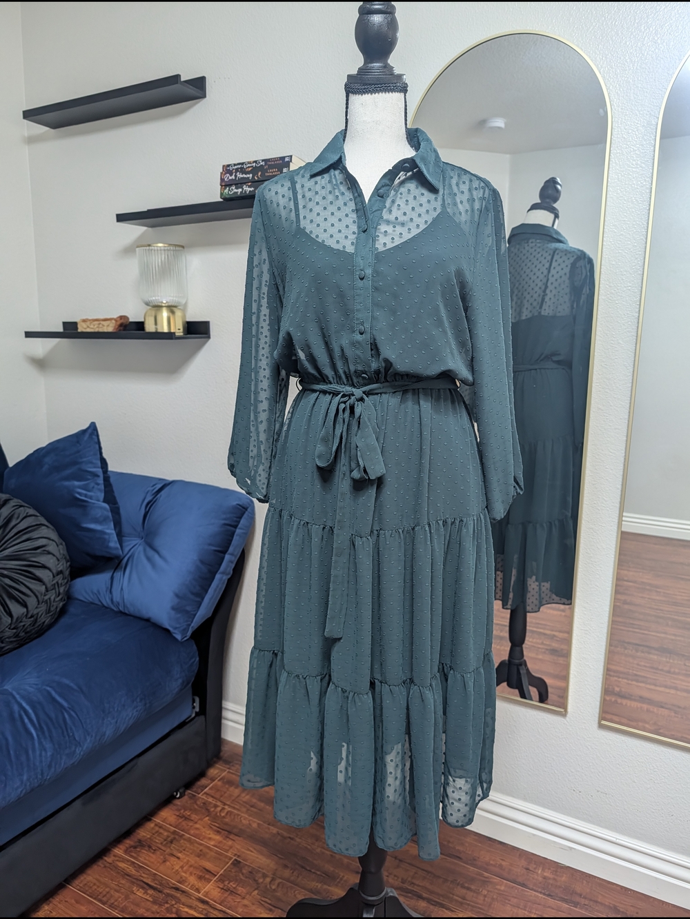 Nanette Lepore Teal Sheer Dot Tiered Midi Dress